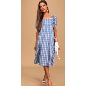 Lulu’s Blue Plaid Puff Sleeve Midi Dress